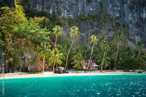 Secluded remote beach with hut under palm trees on Pinagbuyutan Island. Amazing lime stone rocks, sand beach, turquoise blue lagoon water