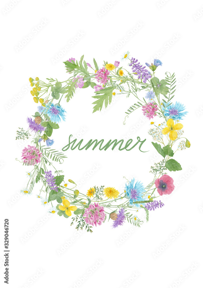 Watercolor hand drawn summer card with floral wreath wild meadow flowers (clover, poppy, cornflower, tansy, chamomile, cow vetch) and lettering isolated on white background