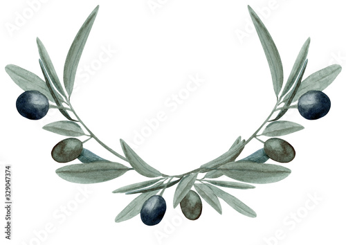 Watercolor hand drawn wreath with olive branches with green and black fruit on trendy earthy hue isolated on white background. Round frame with copy space for summer design.