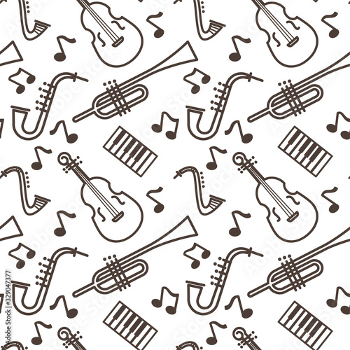 Violin and pipe, saxophone and piano, musical instruments seamless pattern