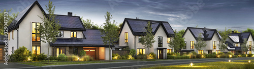 Modern beautiful houses with solar panels on the roof