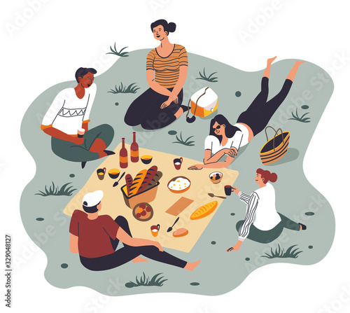 Male and female characters on picnic talking and eating