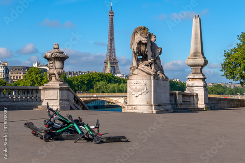 Pile of Electric Scooters on the Seine Embankment