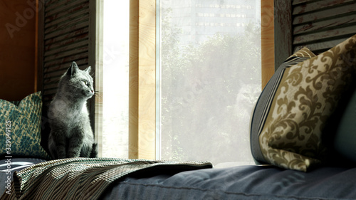 cozy home concept cat sits on a mattress by the window 3d render image