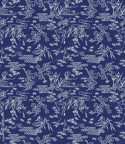 Japanese Iris Flowing Stream Vector Seamless Pattern