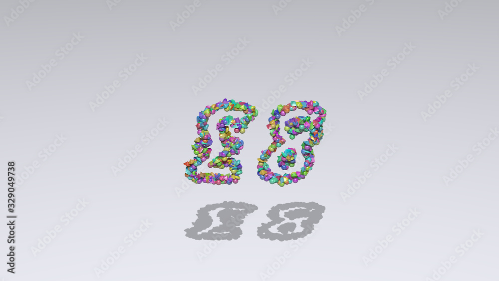 Colorful 3D writting of £8 text with small objects over a white background and matching shadow Colorful 3D writting of £8 text with small objects over a white background and matching shadow