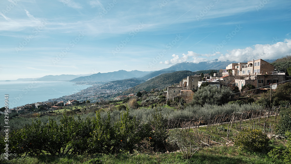 Panoramic view of the traditional village Borgio Verezzi, located in Liguria, facing the Italian riviera