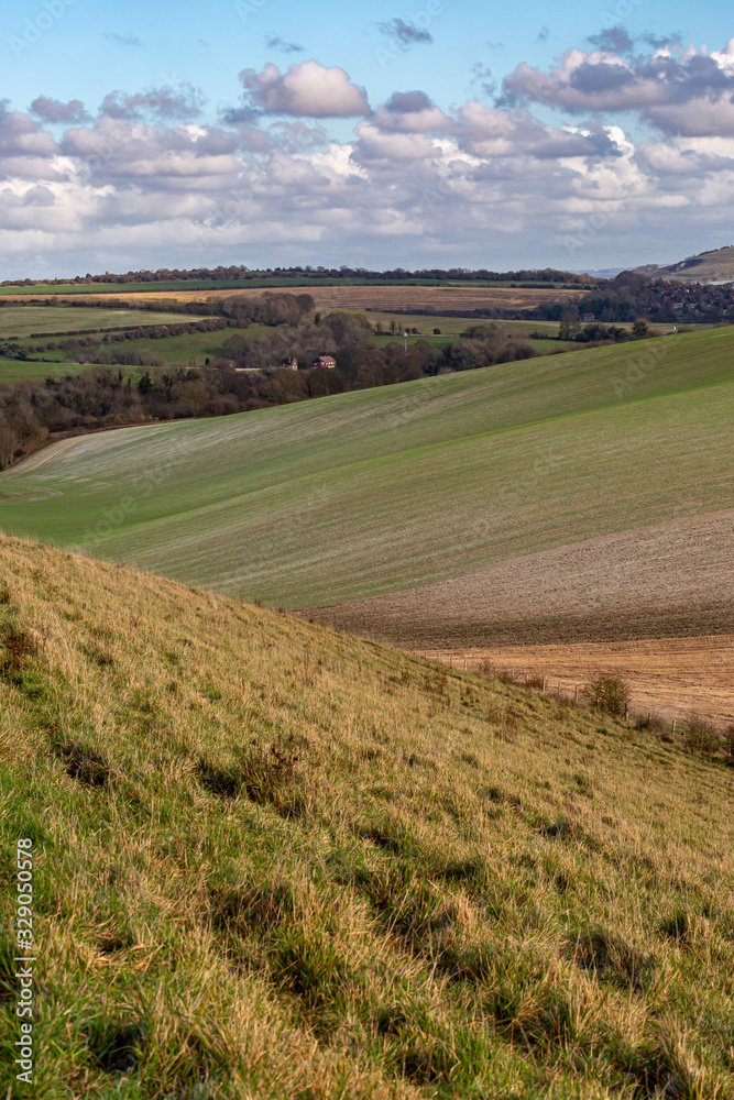 Rolling hills in the South Downs on a sunny early winters day