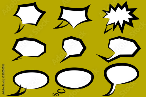 A set of nine dialog icons for comics. Empty spaces for comic book-style labels.