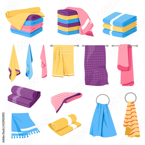 Home textile, towels stacks and holders, isolated icons