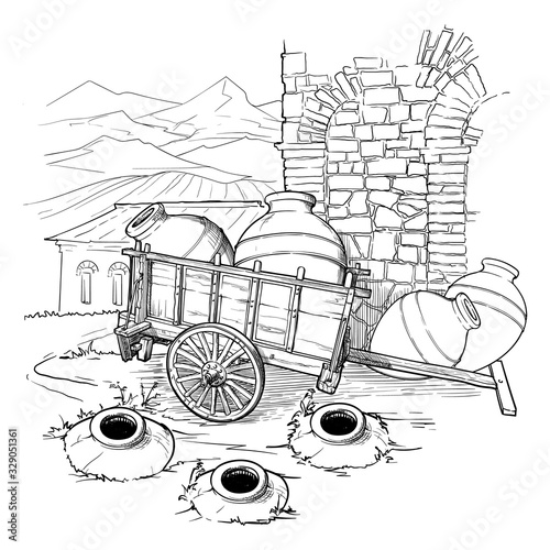Georgian traditional vineyard with kvevri. Countriside panorama on a background. Black and white sketch isolated on white background. EPS10 vector illustration