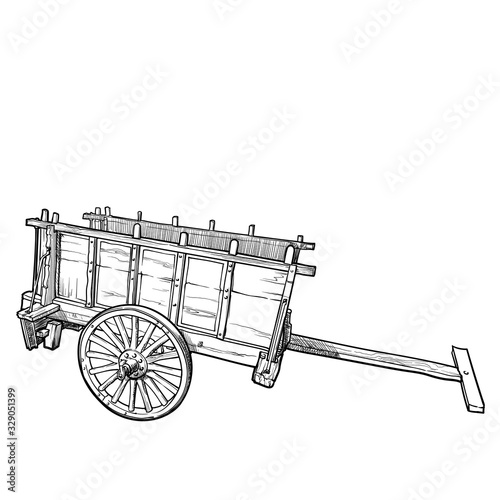 Old-fashioned farm cart. Sketch style drawing isolated on white background. EPS 10 vector illustration