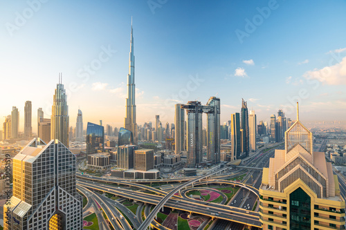 Fototapeta Sunrise view over Dubai Downtown skyline