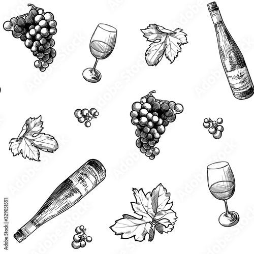 Georgian wine culture seamless pattern. Wine bottle and glass, grapevine leaves and berries clasters. EPS10 vector illustration