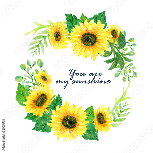 Fototapeta Naklejka Na Ścianę i Meble -  Spring summer botanical sunflower blossom foliage bouquet watercolor colorful  wreath for wedding party for invitation card party flower and plants