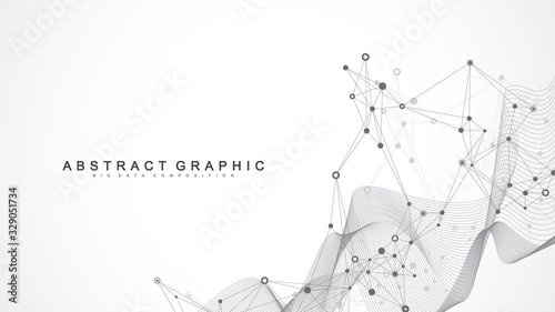Geometric abstract background with connected line and dots. Network and connection background for your presentation. Graphic polygonal background. Wave flow. Scientific vector illustration.