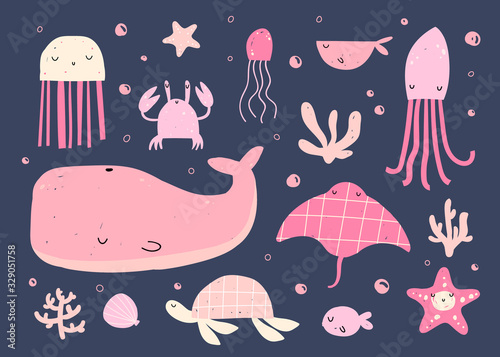 Vector hand-drawn colored children’s set with cute Scandinavian-style water inhabitants on a blue background. Cute baby animals. Whale, crab, turtle, octopus, stingray, jellyfish. Underwater life