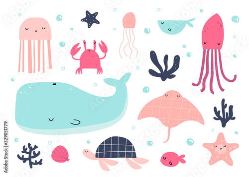 Vector hand-drawn colored children’s set with cute Scandinavian-style water inhabitants on a white background. Cute baby animals. Whale, crab, turtle, octopus, stingray, jellyfish. Underwater life © ZHUKO