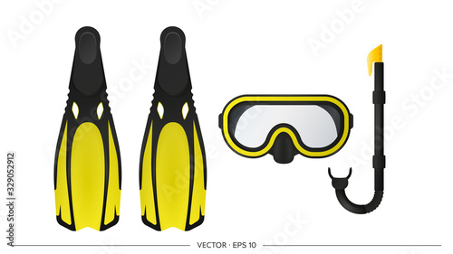Set for diving. Vector illustration of flippers, mask and snorkel for swimming. Elements for scuba diving isolated on a white background.