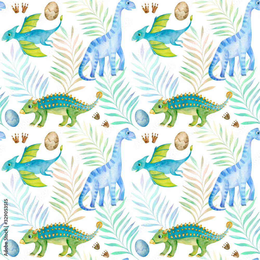 Watercolor Seamless Pattern with Tropical Leaves and Cute Dinosaurs. Colorful Hand Drawn Childish Dino Illustration  For Gift Wrapping, Textile, Background of Web Pages, Print for any Printing Product