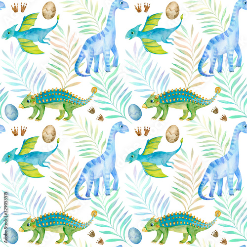 Watercolor Seamless Pattern with Tropical Leaves and Cute Dinosaurs. Colorful Hand Drawn Childish Dino Illustration  For Gift Wrapping  Textile  Background of Web Pages  Print for any Printing Product