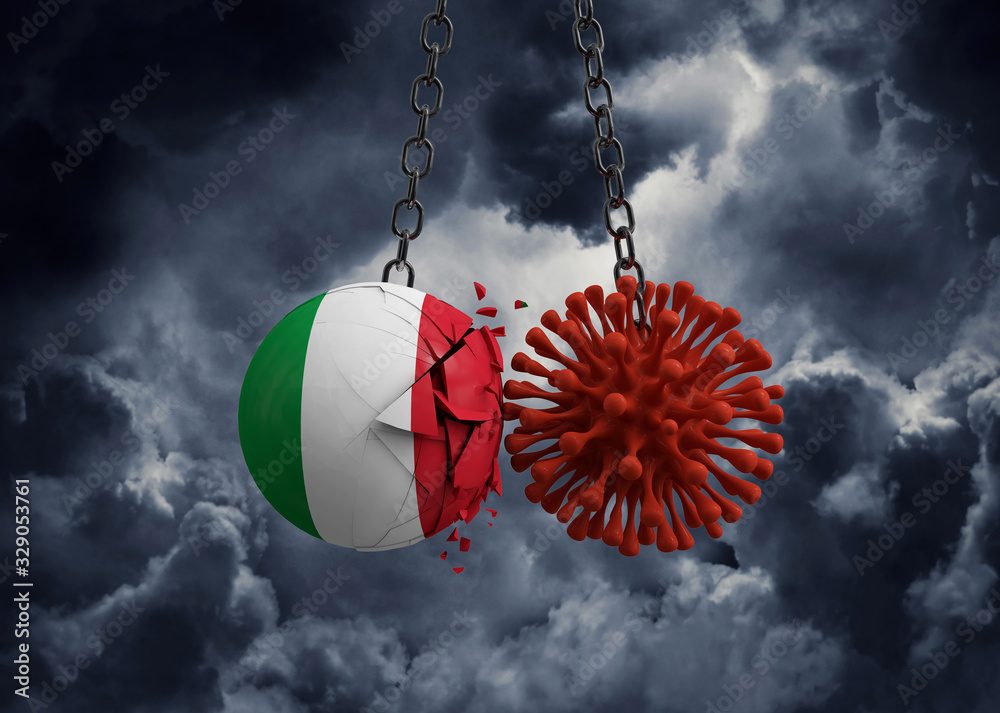 Obraz premium Virus microbe smashing into Italy flag ball. 3D Render