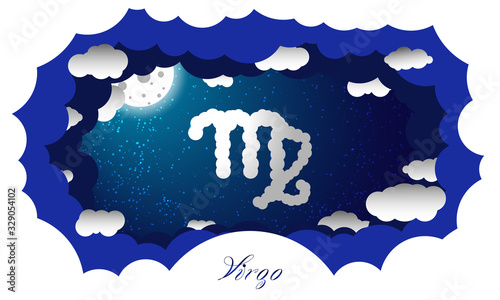 Virgo sign in cloud style. Zodiac signs. Paper cut out style illustration of virgo symbol on starry sky illuminated by full moon and surrounded by clouds with sign and constellation name 