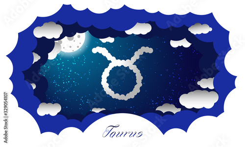 Taurus sign in cloud style. Zodiac signs. Paper cut out style illustration of taurus symbol on starry sky illuminated by full moon and surrounded by clouds with sign and constellation name 