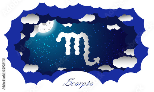Scorpio sign in cloud style. Zodiac signs. Paper cut out style illustration of scorpio symbol on starry sky illuminated by full moon and surrounded by clouds with sign and constellation name 