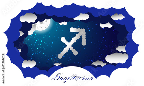 Sagittarius sign in cloud style. Zodiac signs. Paper cut out style illustration of sagitterius symbol on starry sky illuminated by full moon and surrounded by clouds with sign and constellation name 