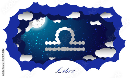 Libra sign in cloud style. Zodiac signs. Paper cut out style illustration of libra symbol on starry sky illuminated by full moon and surrounded by clouds with sign and constellation name 