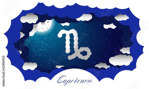 Capricorn sign in cloud style. Zodiac signs. Paper cut out style illustration of capricorn symbol on starry sky illuminated by full moon and surrounded by clouds with sign and constellation name