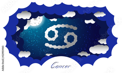 Cancer sign in cloud style. Zodiac signs. Paper cut out style illustration of cancer symbol on starry sky illuminated by full moon and surrounded by clouds with sign and constellation name 