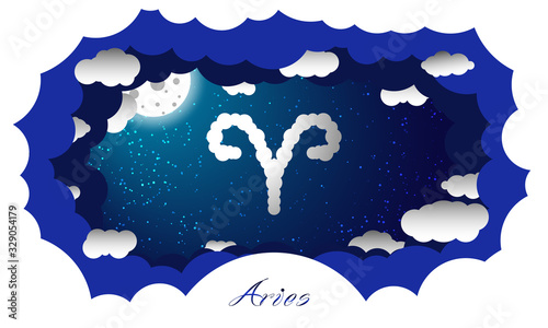 Aries sign in cloud style. Zodiac signs. Paper cut out style illustration of aries symbol on starry sky illuminated by full moon and surrounded by clouds with sign and constellation name 