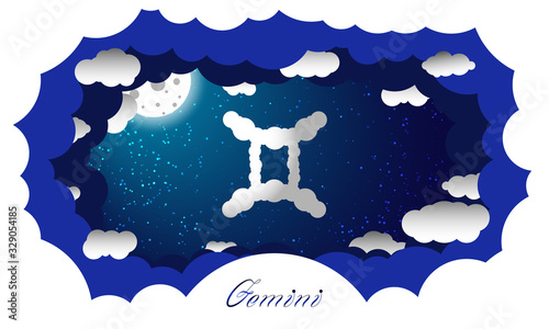 Gemini sign in cloud style. Zodiac signs. Paper cut out illustration of gemini symbol on starry sky illuminated by full moon and surrounded by clouds with sign and constellation name 