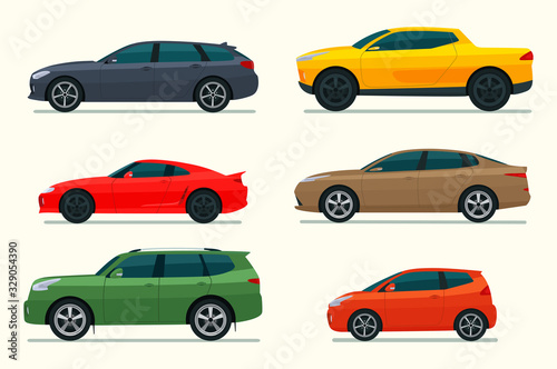 Big set of of different models of cars. Vector flat style illustration.