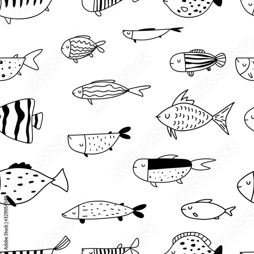 Vector seamless repeating black and white hand-drawn linear ink doodle kids pattern with different fishes in scandinavian style on a white background. Pattern with doodles of fish. Underwater,aquarium