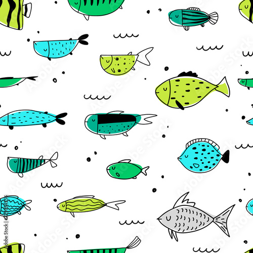 Vector seamless repeating color hand-drawn linear ink doodle children pattern with different fish in scandinavian style on a white background.Pattern with doodles of fish. Underwater,aquarium