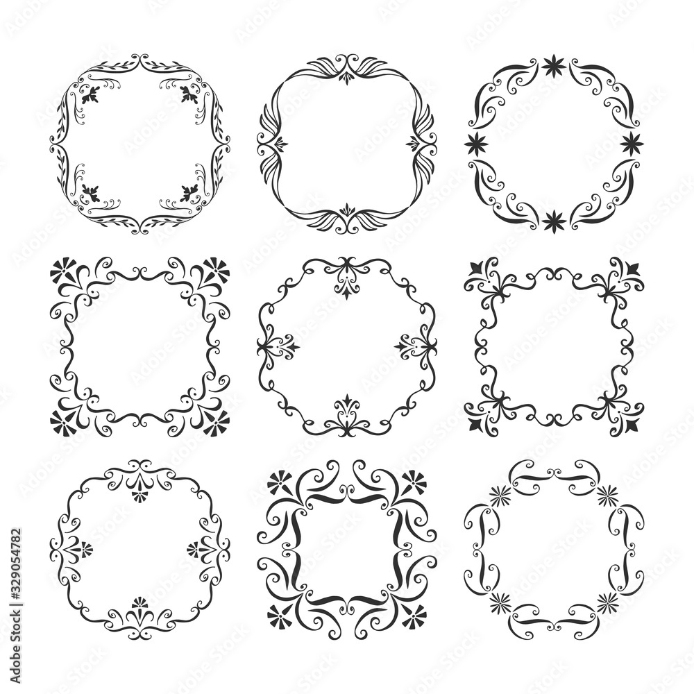 Set of elegant calligraphic frames for wedding menu design. Vector isolated illustration.