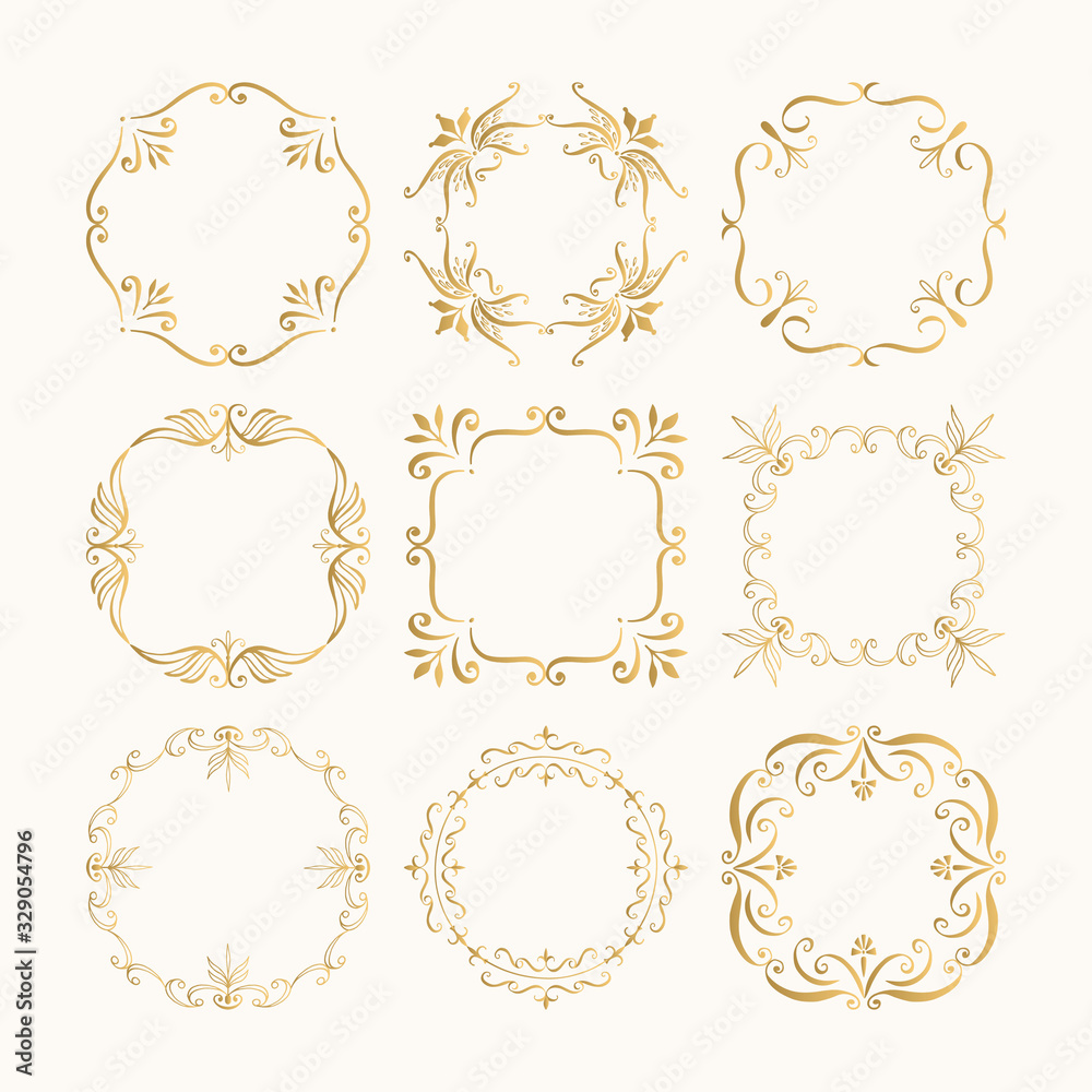 Set of calligraphic golden borders. Filigree and flourishes elements. Vector isolated illustration. Set of calligraphic golden borders. Filigree and flourishes elements. Vector isolated illustration.