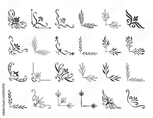 Set of hand drawn vintage corners. Hand drawn vector illustration.