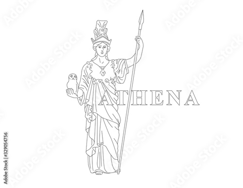 Athena. Greek Goddess of reason, wisdom, intelligence, skill, peace, warfare, battle strategy, and handicrafts. Editable line drawing illustration with antiqua text