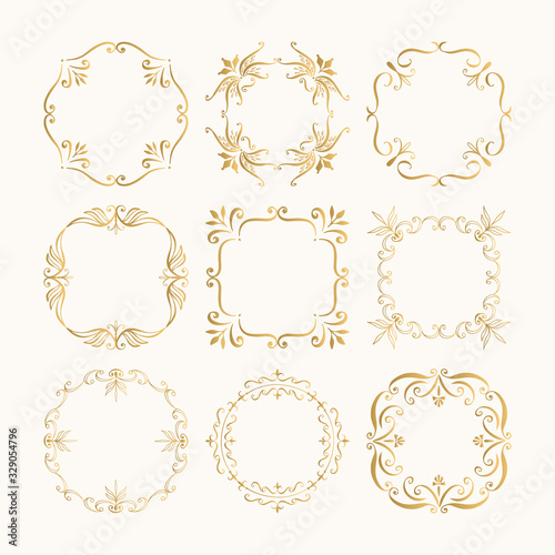 Set of calligraphic golden borders. Filigree and flourishes elements. Vector isolated illustration.