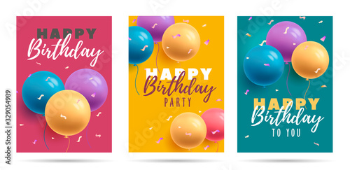 Happy birthday greeting cards poster set with bright 3d round shaped air balloons and calligraphy greeting for girls and boys, template layout concept