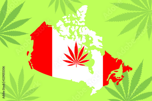 Outlined Canada map country silhouette in national Canadian flag colors with cannabis leaf. Cannabis legalization in Canada concept. Hash or marijuana green leaves background vector illustration.