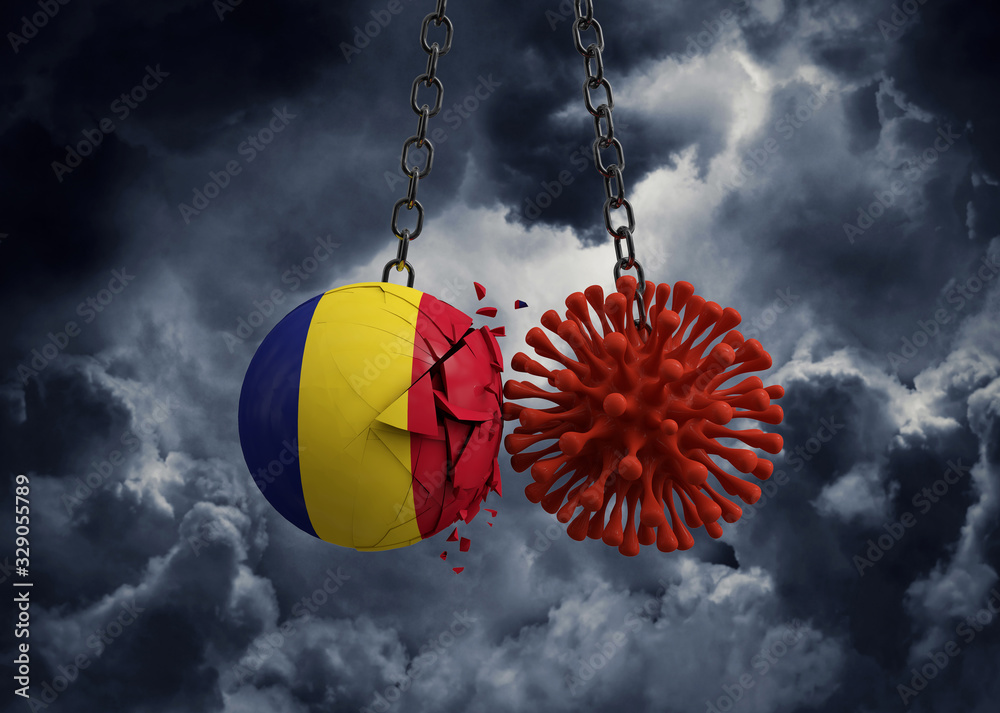Obraz premium Virus microbe smashing into Romania flag ball. 3D Render