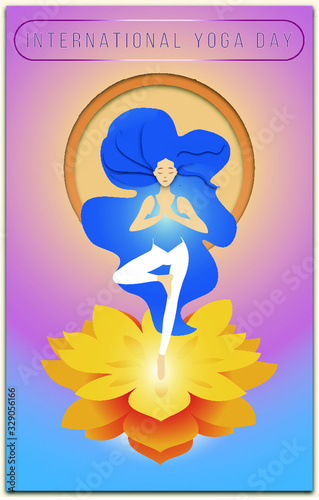Flat vector Illustration of young woman, with white sportswear, doing yoga, standing in vrikshasana, tree pose, above a lotus. Spiritual zen concept for International Yoga Day yoga studio, spa center.