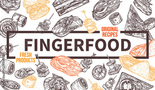 Finger food background, template for website or horizontal poster with frame. Snacks, appetizers, mini canapes, sandwiches, seafood, hamburger, rolls. Vector illustration in monochrome hand drawn sket