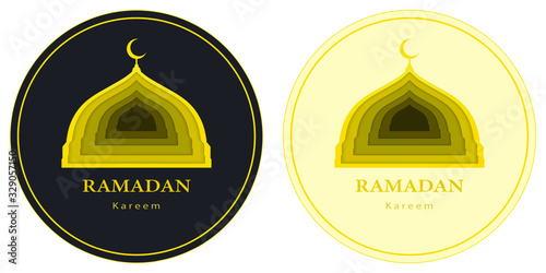 Ramadan Kareem round greeting badge. Islamic mosque and crescent dome icon in circles, on yellow and dark color background, with papercut technique. Isolated vector illusrtration.