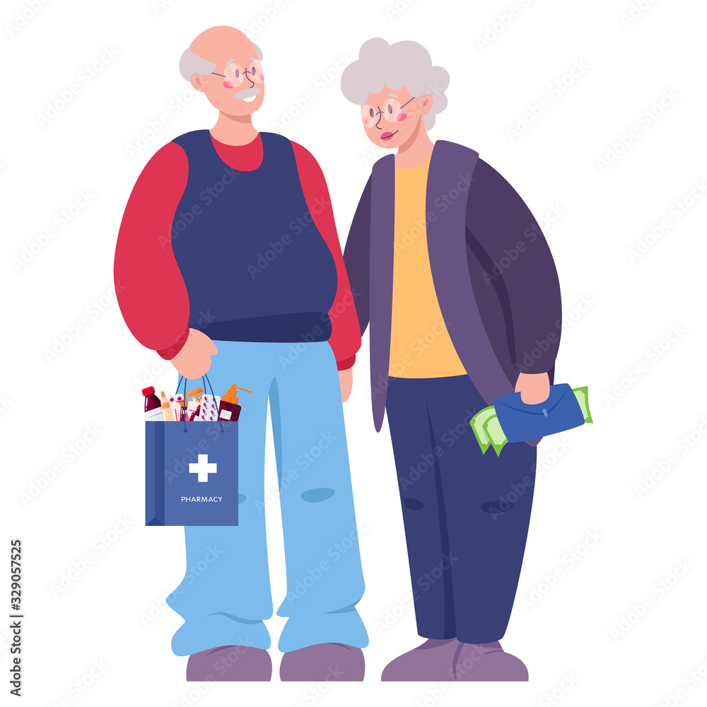 Old couple buying medicine in pharmacy store. Man holding Old couple buying medicine in pharmacy store. Man holding